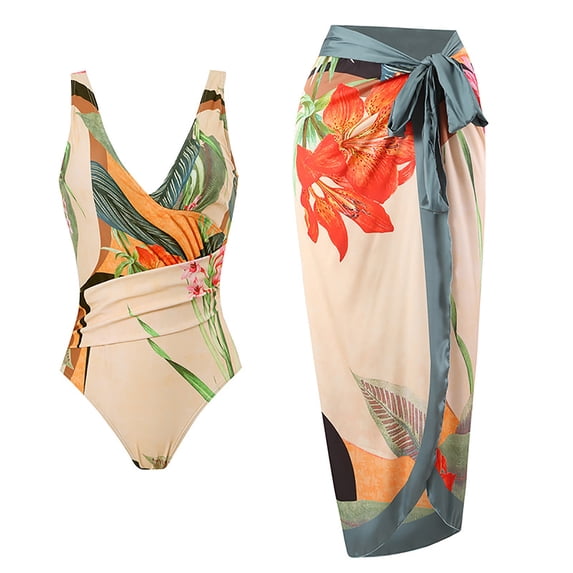 Jsaierl Women 2 Pieces Beach Swimsuit Floral Print Tropical Bikini Swimsuit with Cover up Wrap Skirt Bathing Suits