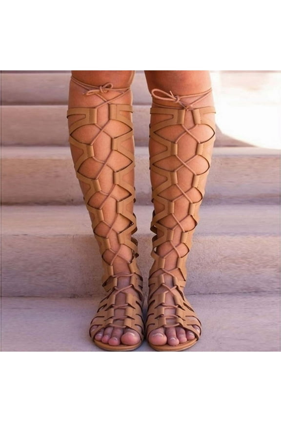 Women Gladiator Sandals Flat Strappy Lace Up Open Toe Knee High Flat Sandal Zipper Summer Roman Shoes