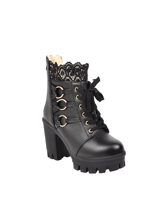 Women Lace Booties Wedding Chunky Heel Ankle Boots Witch Costume Boots Mid Heel