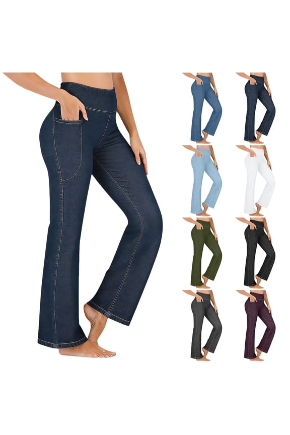 Women Stretch Flare Jeans High Waist Tummy Control Denim Pants Casual Butt Lifting Jeggings with Pockets