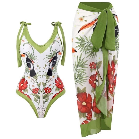 Jsaierl Women Swimsuits Floral Printing Notched Square/V Neck Vintage Vacation One Piece with Cover Up Wrap Skirt