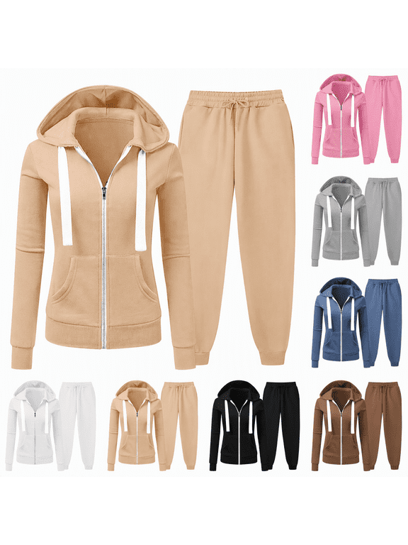 2 Piece Outfits Women's Fleece Lined Sweatsuits Long Sleeve Hoodie and Sweat Pants Winter Warm Zip Up Tracksuit Set