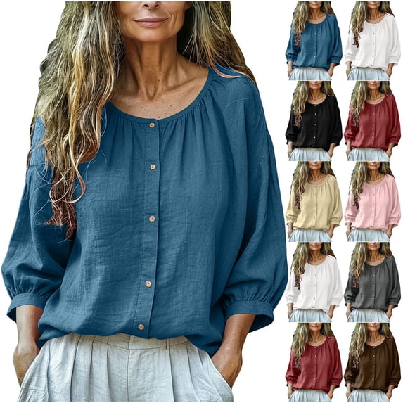 Jsaierl Women's 3/4 Length Sleeve Cotton Linen Tops Plus Size Button Up Crew Neck Shirts Fashion Solid Ladies Blouses Soft Holiday Tunic Top S-2XL