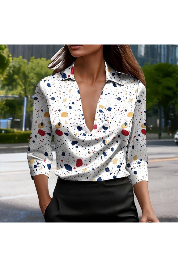 Women's 3/4 Length Sleeve Silk Satin Tops Casual V Neck Shirts Retro Print Ladies Blouses Flowy Holiday Tunic Top S-3XL