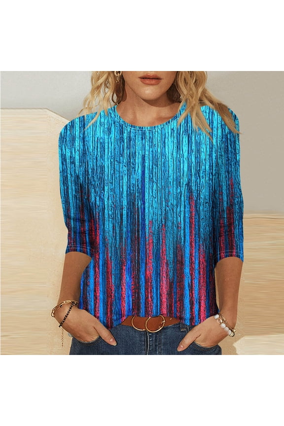 Women's 3/4 Length Sleeve Tops Casual Crew Neck Shirts Boho Print Petite Blouses Classic Dressy Tunic Top S-5XL