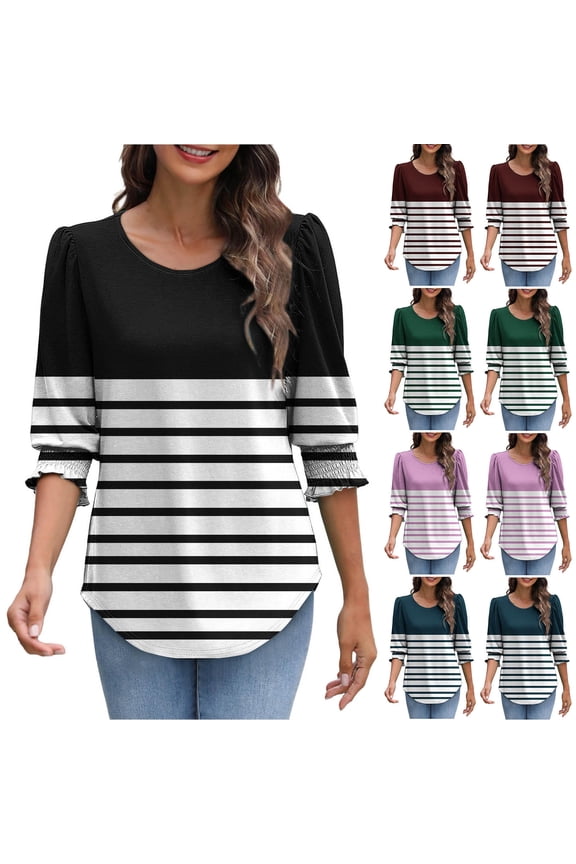 Women's 3/4 Length Sleeve Tops Plus Size Crew Neck Shirts Boho Gradient Petite Blouses Classic Dressy Tunic Top S-2XL