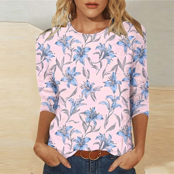 Jsaierl Women's 3/4 Length Sleeve Tops Plus Size Crew Neck Shirts Trendy Graphic Petite Blouses Going Out Cotton Tunic Top S-5XL