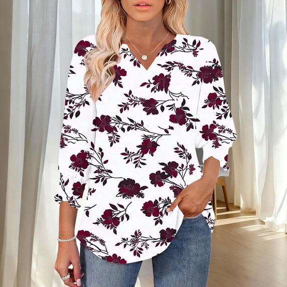 Jsaierl Women's 3/4 Length Sleeve Tops Plus Size V Neck Shirts Dressy Graphic Petite Blouses Workout Dressy Tunic Top S-2XL