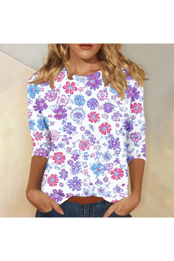 Women's 3/4 Length Sleeve Tops Summer Crew Neck Shirts Boho Graphic Petite Blouses Classic Dressy Tunic Top S-5XL