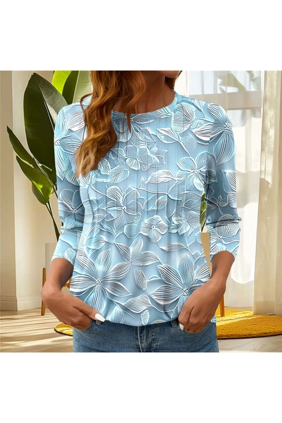 Women's 3/4 Length Sleeve Tops Summer Crew Neck Shirts Cute Print Petite Blouses Soft Loose Fit T-shirts Top S-3XL