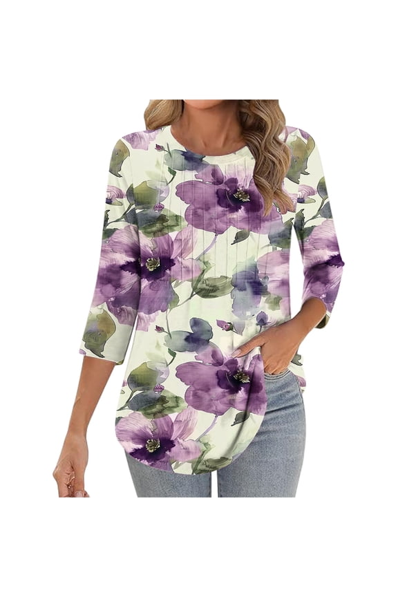 Women's 3/4 Length Sleeve Tops Summer Crew Neck Shirts Fashion Graphic Petite Pleated Blouses Workout Loose Fit T-shirts Top S-2XL