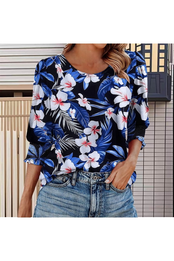 Women's 3/4 Length Sleeve Tops Summer Crew Neck Shirts Trendy Print Petite Blouses Flowy Cotton T-shirts Top S-2XL