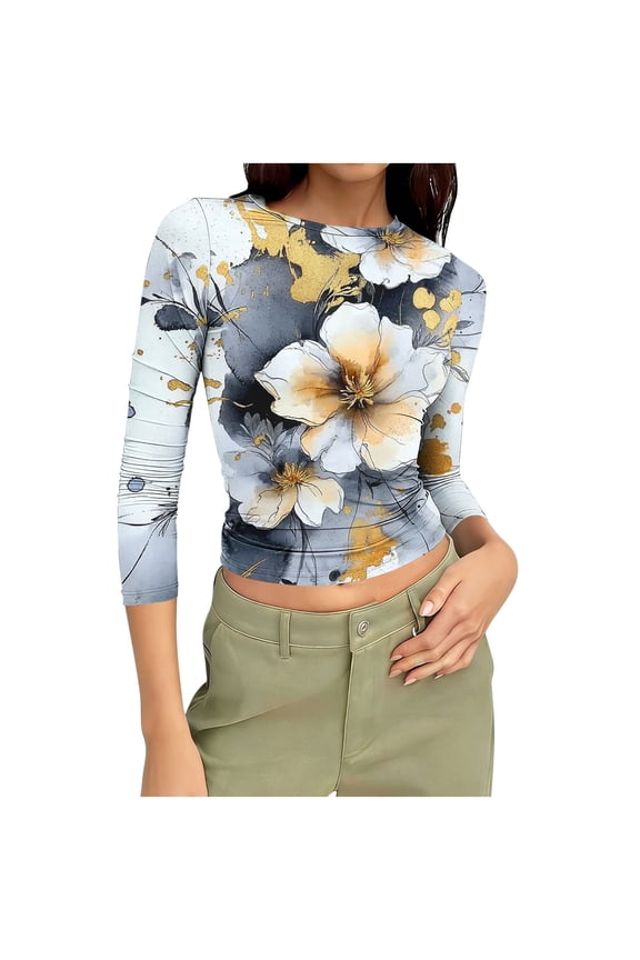 Women's 3/4 Length Sleeve Tops Summer Crew Neck Shirts Trendy Print Petite Blouses Work Vacation T-shirts Top S-3XL