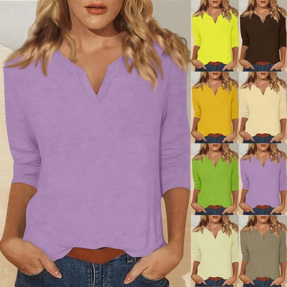 Jsaierl Women's 3/4 Length Sleeve Tops Summer V Neck Shirts Fashion Solid Petite Blouses Going Out Vacation T-shirts Top S-2XL