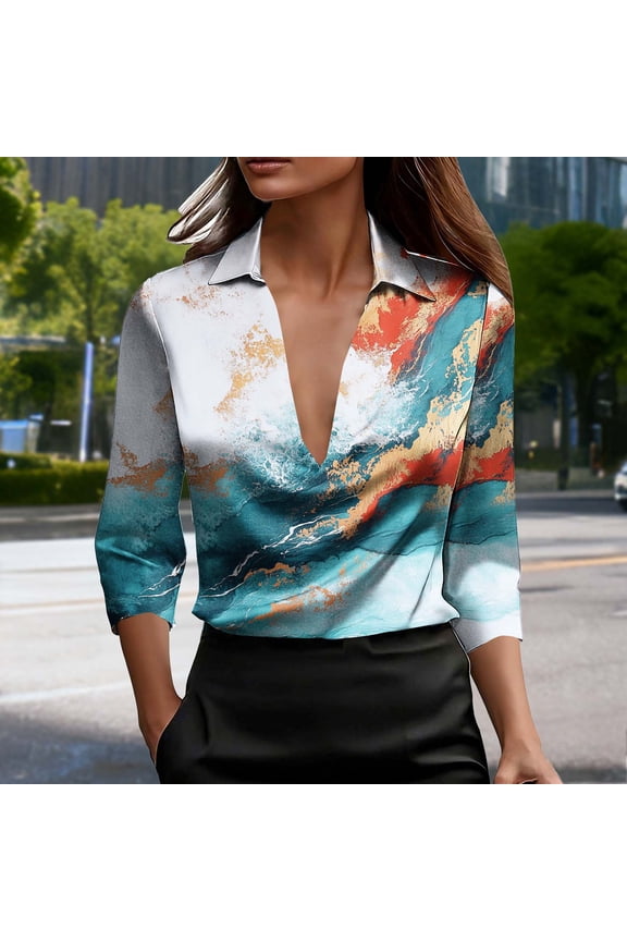 Women's 3/4 Sleeve Silk Satin Tops Summer V Neck Shirts Retro Graphic Petite Blouses Work Elegant T-shirts Top S-3XL