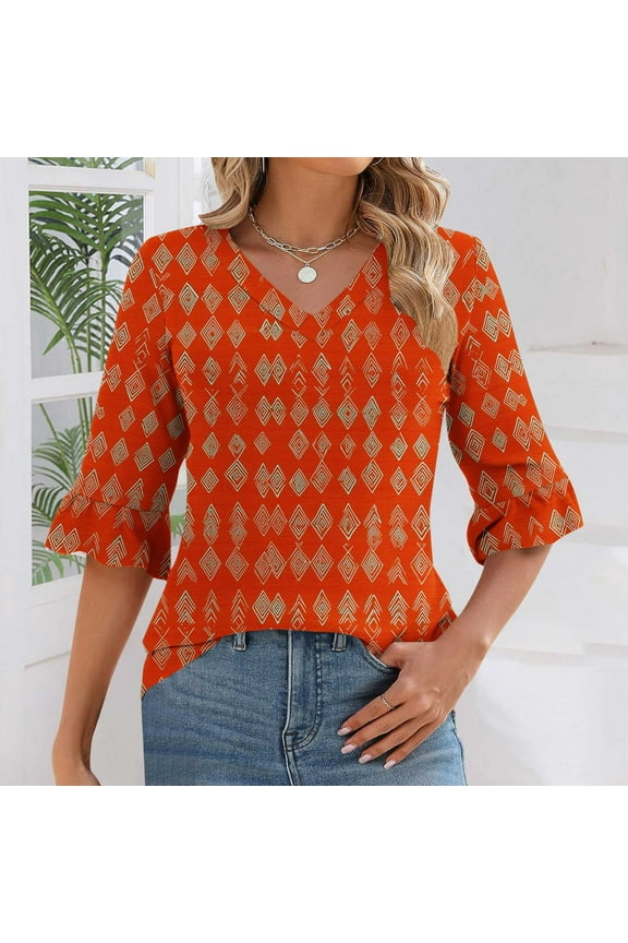 Women's 3/4 Sleeve Tops Casual V Neck Shirts Ruffle Trim Boho Print Petite Blouses Flowy Cotton Tunic Top S-2XL