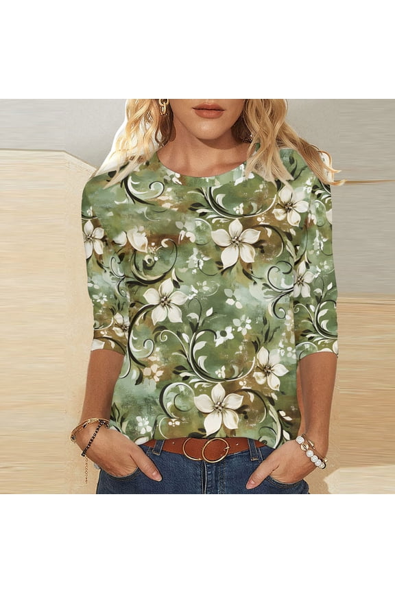 Women's 3/4 Sleeve Tops Summer Crew Neck Shirts Cute Floral Petite Blouses Flowy Cotton T-shirts Top S-2XL