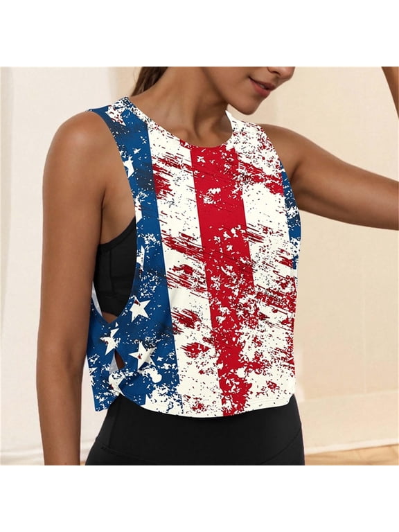 Women's 4th of July Tank Tops Plus Size Patriotic USA Flag Graphic Tees Loose Fit Sleeveless T Shirts Cami Lightweight Round Neck Tanks S-XXL