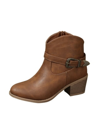 Women PU Leather Stacked Block Heel Western Cowboy Ankle Zip Up