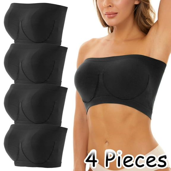 Jsaierl Women's Bandeau Bras Wirefree Support T-shirt Bras Seamless Padded Bralettes Stretch Breathable Full Figure Bra Sets 4 Pack