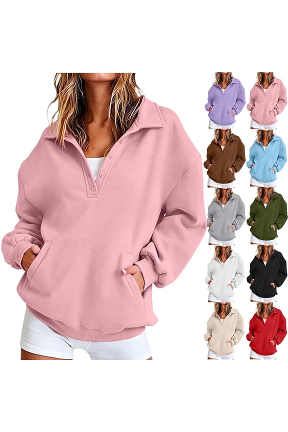 Women's Basic Soft Collared Half Button Pullovers Sweatshirts with Kangaroo Pocket Casual Everyday Tops S-2XL
