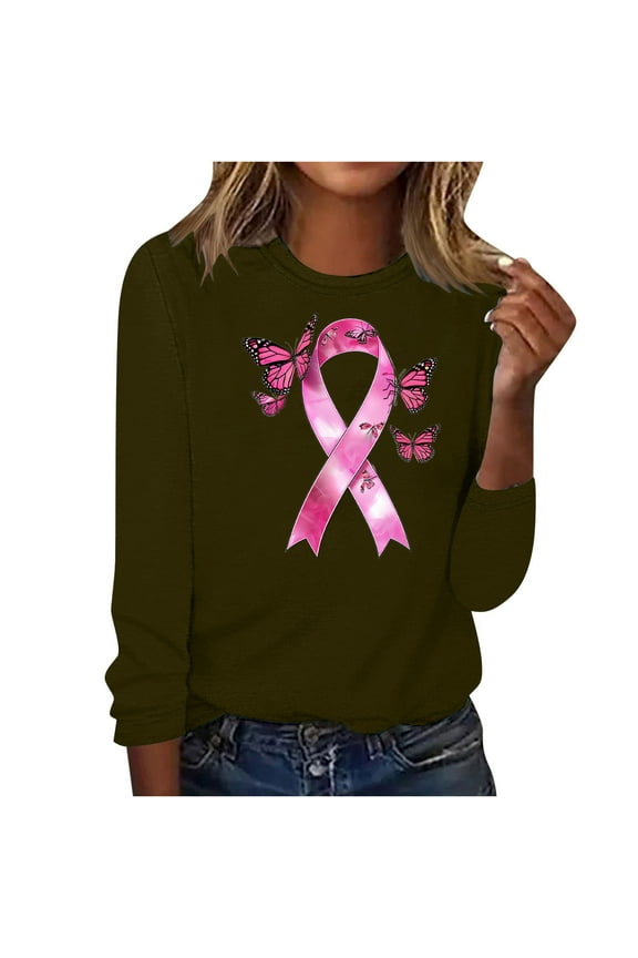Women's Breast Cancer Shirts Pink Ribbon Graphic Tees Funny Long Sleeve Tops Cute Tunic Blouses Nobody Fight Alone T Shirts