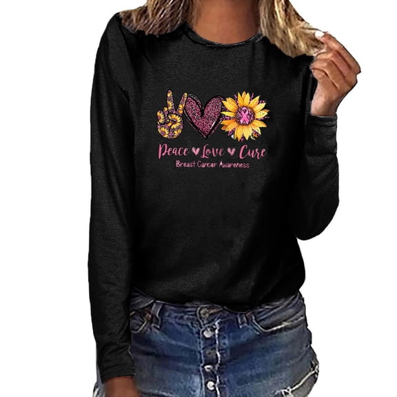 Jsaierl Women's Breast Cancer Shirts Pink Ribbon Graphic Tees Funny Long Sleeve Tops Plus Size Tunic Blouses Strong Breast Cancer Awareness T Shirts