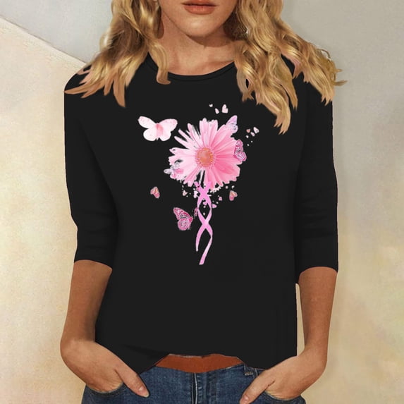 Jsaierl Women's Breast Cancer Shirts Pink Ribbon Graphic Tees Trendy 3/4 Sleeve Tops Dressy Casual Tunic Blouses Hope and Support T Shirts