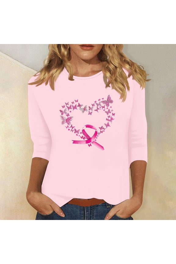 Women's Breast Cancer Shirts Pink Ribbon Print Tees Trendy 3/4 Sleeve Tops Cute Tunic Blouses Fighting Breast Cancer T Shirts