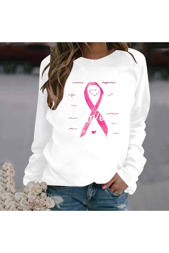 Women's Breast Cancer Sweatshirts Pink Ribbon Graphic Sweatshirt Funny Long Sleeve Tops Cute Tunic Pullovers In October We Wear Pink Shirts