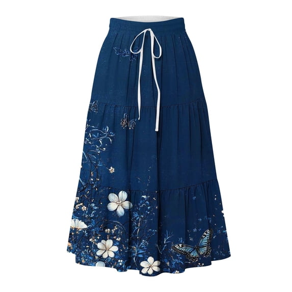 Jsaierl Women’s Butterfly Floral Print Tiered Maxi Skirt Elastic Waist Flowy Casual Skirt for Boho Style and Vacation