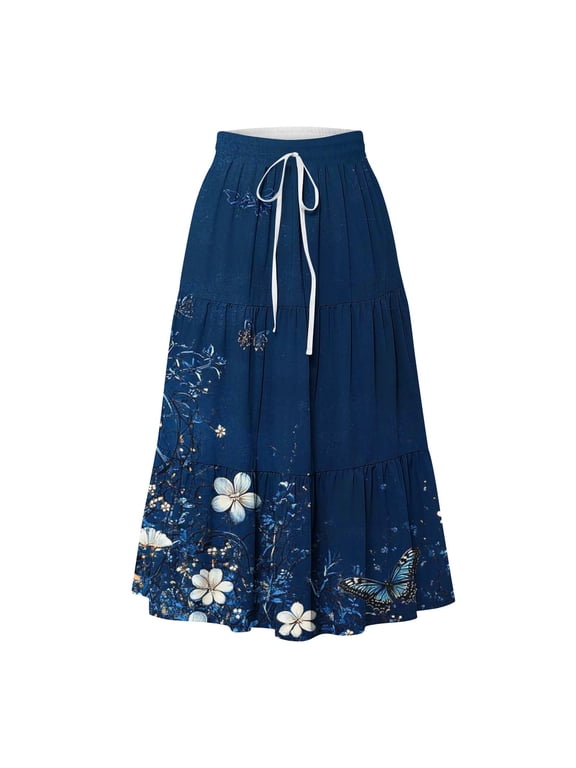 Women’s Butterfly Floral Print Tiered Maxi Skirt Elastic Waist Flowy Casual Skirt for Boho Style and Vacation