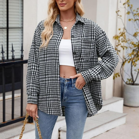 Jsaierl Women's Button Down Flannel Shirts Plaid Shacket Long Sleeve Collared Business Casual Tops Work Blouses
