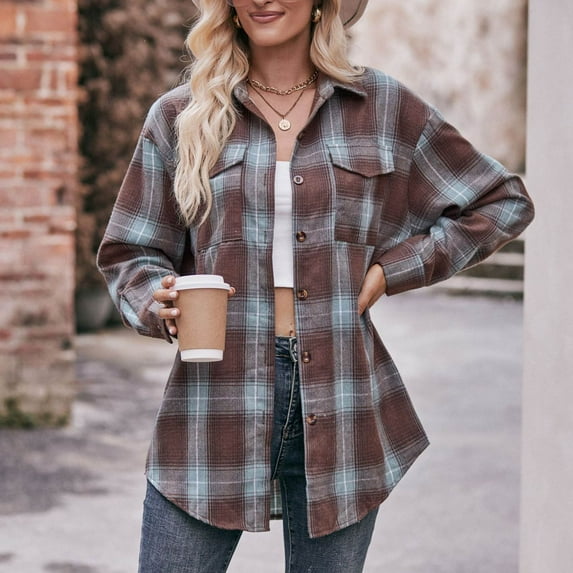 Jsaierl Women's Button Down Flannel Shirts Plaid Shacket Long Sleeve Collared Business Casual Tops Work Blouses