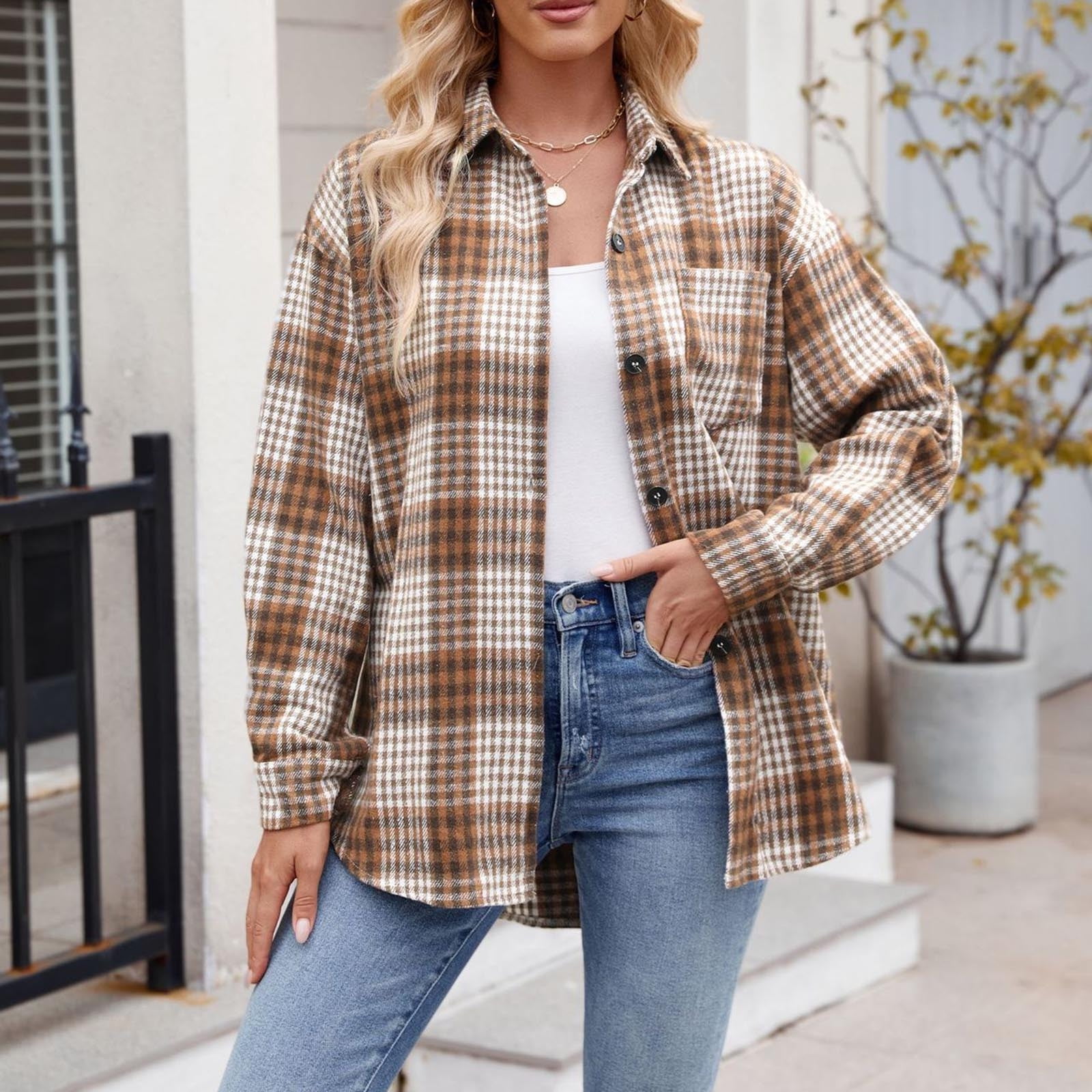 Jsaierl Women's Button Down Flannel Shirts Plaid Shacket Long Sleeve ...