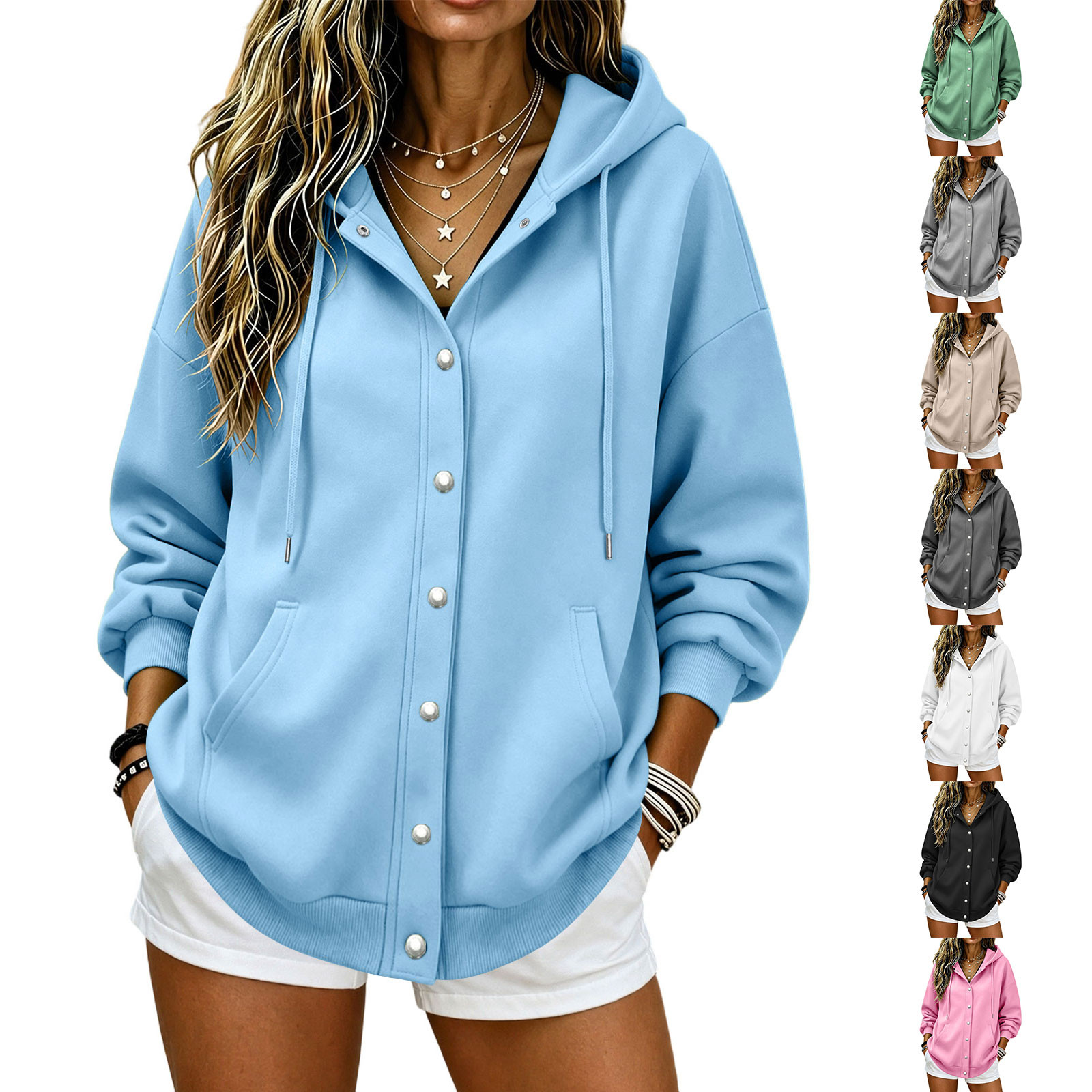 Jsaierl Women's Button Down Hoodies Cute Solid Color Hooded Sweatshirt Travel Fashion Cardigan Comfort Gym Long Sleeve Jackets
