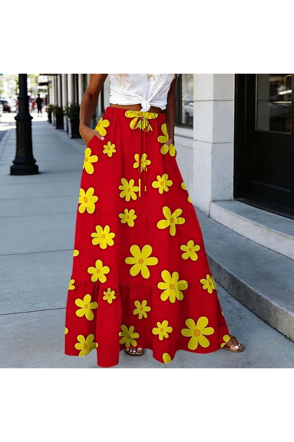 Women's Cartoon Flower Print Tiered Maxi Skirt, Drawstring Waist Casual Flowy Skirt, Cute Bright Color Skirt for Summer Fun