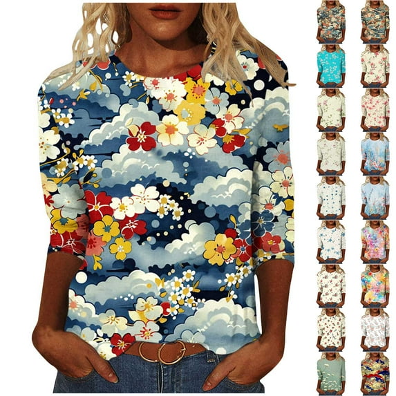 Jsaierl Women's Casual 3/4 Sleeve T-Shirts Round Neck Cute Floral Print Tunic Tops Basic Tees Blouses Business Work Tee Top