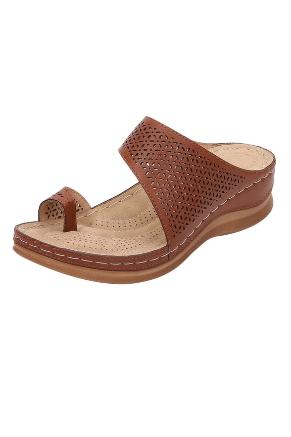 Womens Toe Ring Orthopedic Sandals Slides Comfortable Bunion Orthotic Wedge Slippers Vintage Boho Hollow Flower Slip On Walking Shoes