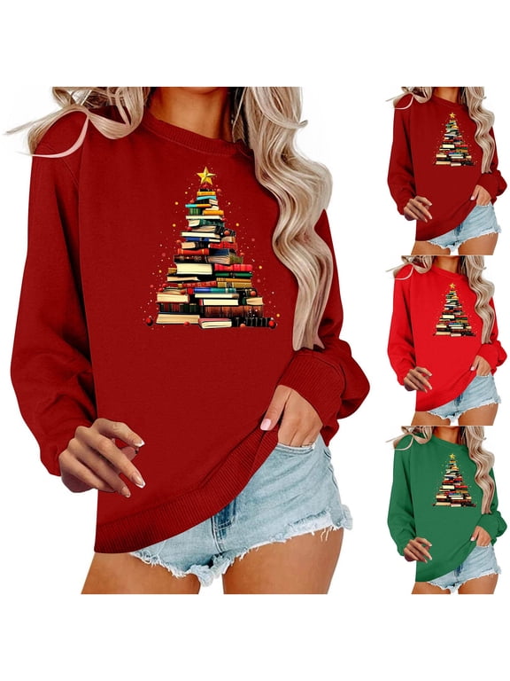 Women's Christmas Fleece Sweatshirts Funny Christmas Print Sweatshirt Work Pullover Sweater Tops Round Neck Dressy Casual Long Sleeve Shirts