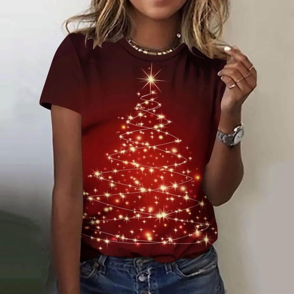 Jsaierl Women's Christmas Shirts Cute Christmas Print Tees Classic Round Neck T-shirt Short Sleeve Dressy Casual Blouse Tops