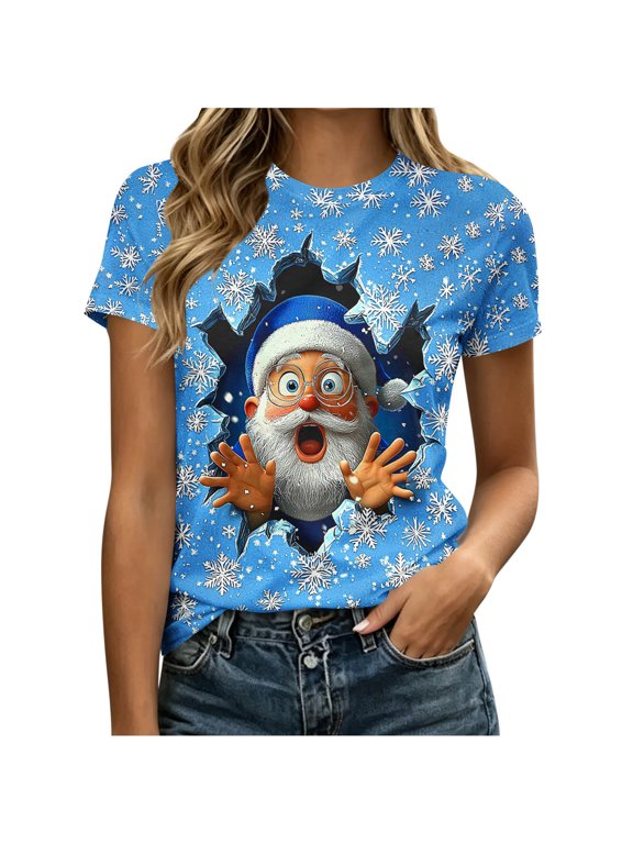 Women's Christmas Shirts Plus Size Santa Print Tees Ladies Loose Fit Round Neck T-shirt Short Sleeve Dressy Casual Blouse Tops S-5XL