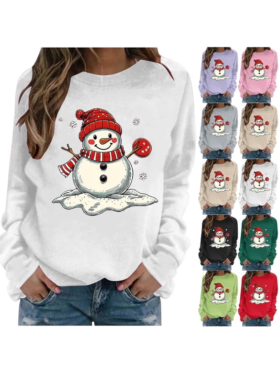 Women's Christmas Sweatshirts Funny Snowman Graphic Sweatshirt Party Work Pullover Crewneck Holiday Long Sleeve Tops S-2XL