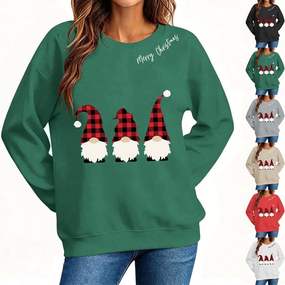 Jsaierl Women's Christmas Sweatshirts Plus Size Gnomes Graphic Sweatshirt Cotton Trendy Pullover Crewneck Tunic Long Sleeve Tops S-2XL