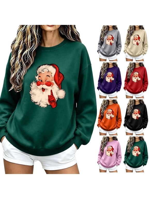 Women's Christmas Sweatshirts Plus Size Santa Graphic Sweatshirt Cotton Soft Pullover Round Neck Dressy Casual Long Sleeve Tops S-2XL