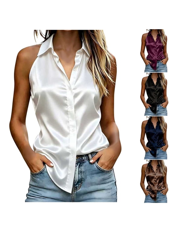 Women's Collared Halter Satin Sleeveless Shirts Button Front Silky Glossy Tank Blouse Elegant Dressy Top for Office & Night Out