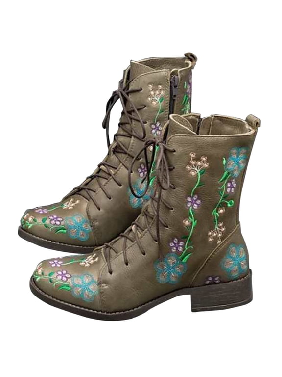 Women's Combat Boots Lace Up Embroidered Boots For Women Western Cowboy Ankle Booties Fashion Low Chunky Block Heel Pointed Toe Fall Heeled Booties Shoes