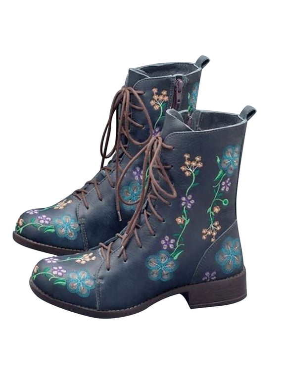Women's Combat Boots Lace Up Embroidered Boots For Women Western Cowboy Ankle Booties Fashion Low Chunky Block Heel Pointed Toe Fall Heeled Booties Shoes
