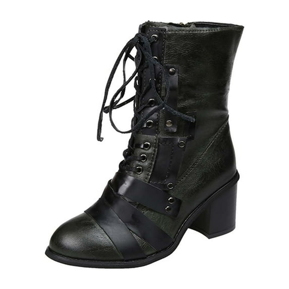 Jsaierl Women’s Combat Boots Lace up Mid Calf Boots Low Heel Chunky Platform Lug Sole Boots