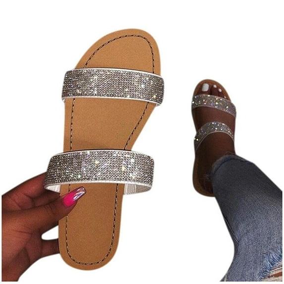 Women's Rhinestone Slide Sandals Open Toe Two Strap Slip On Flat Sandals Casual Summer Boho Beach Oceanside Holiday Outdoor Shoes